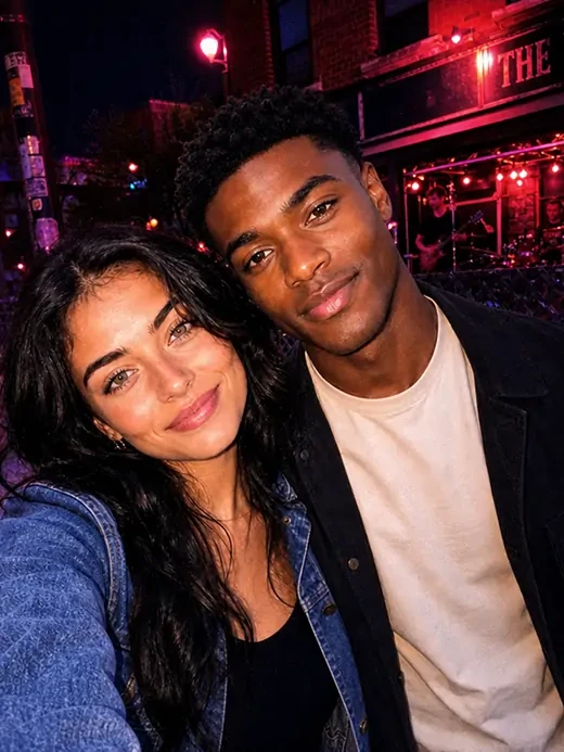 Two people photographed under warm night-time party lighting