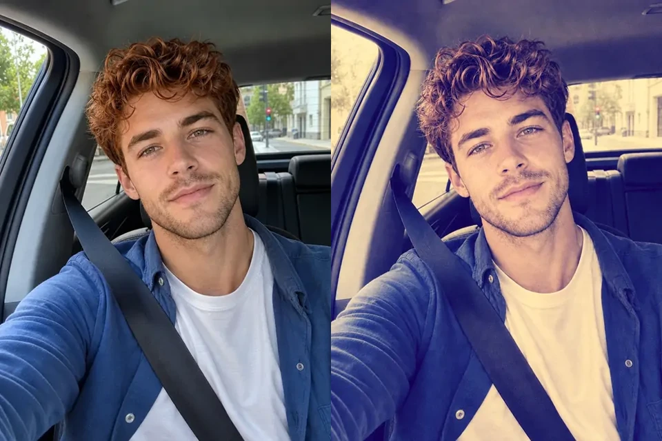 Same car selfie before and after a warm purple mid-2010s treatment