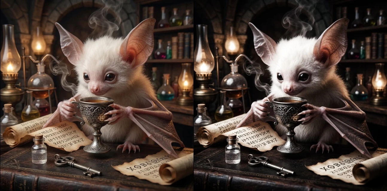 Same tea-table creature before and after a muted high-contrast treatment