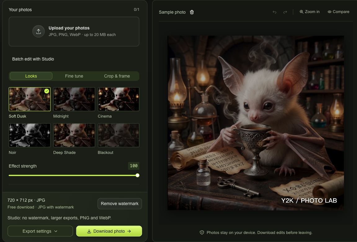 Darken Image workspace with a photo queue, live preview and download controls