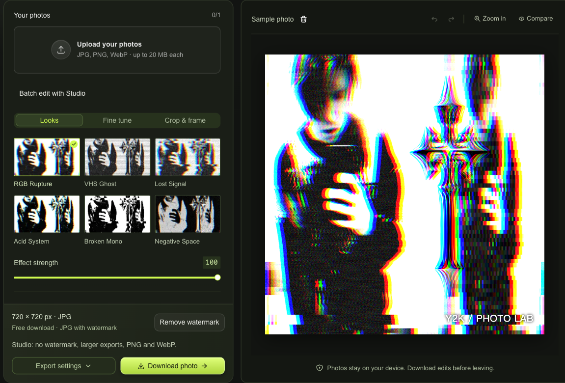 Image Glitcher workspace with a photo queue, live preview and download controls