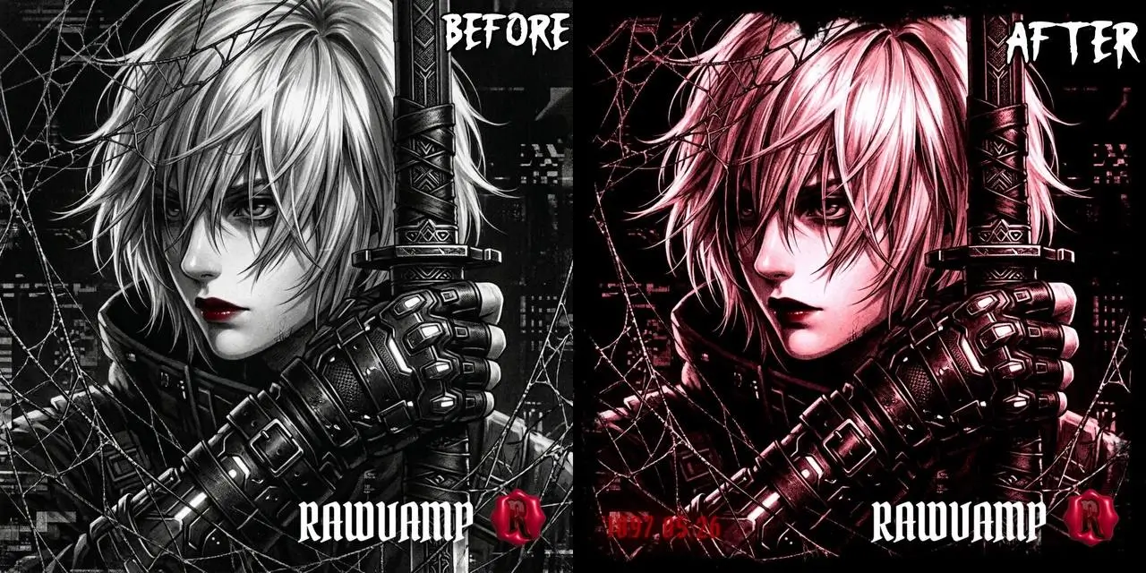Anime portrait compared in grayscale and deep red tones