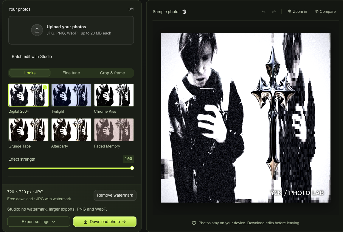 Y2K Photo Editor workspace with a photo queue, live preview and download controls