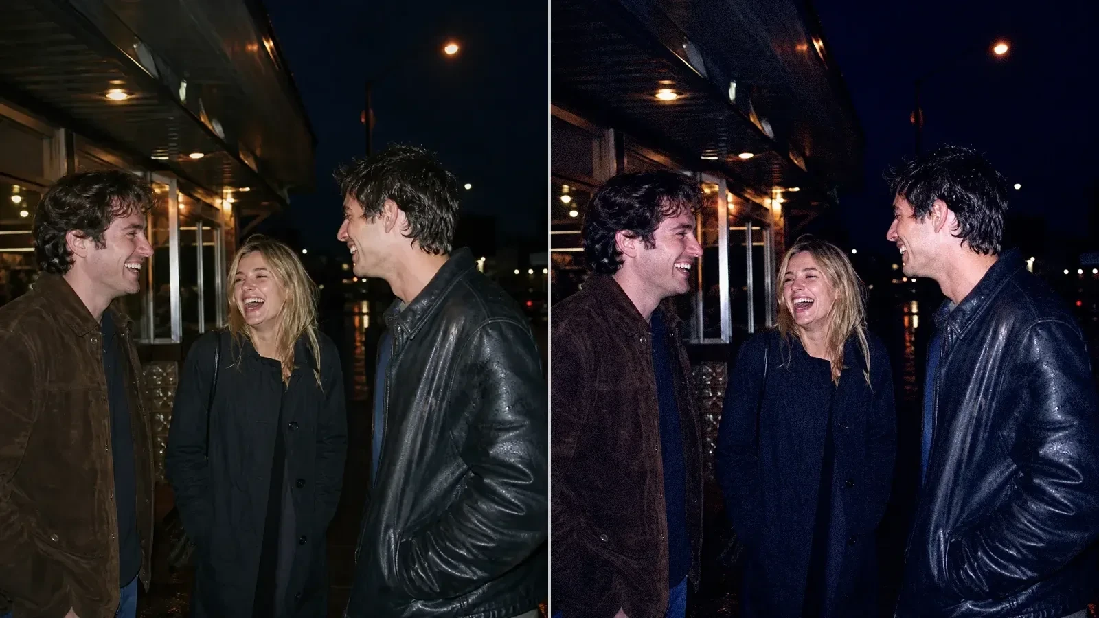 Same night-out group photo before and after a crisp direct-flash treatment