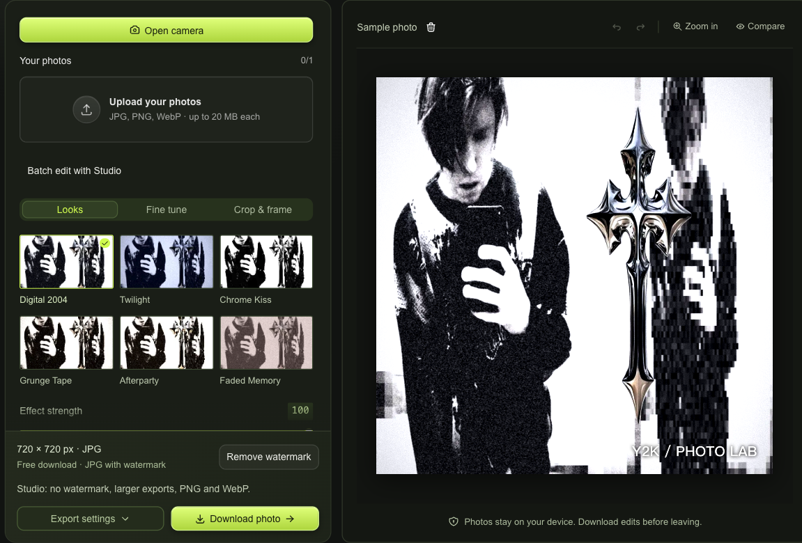 Webcam Y2K Online workspace with Open camera, an editable photo sample and download choices